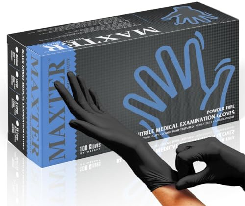 MAXTER Puderfreie Nitrilhandschuhe, 100 Stück, Größe L, Schwarz/Box mit 100 Handschuhen
