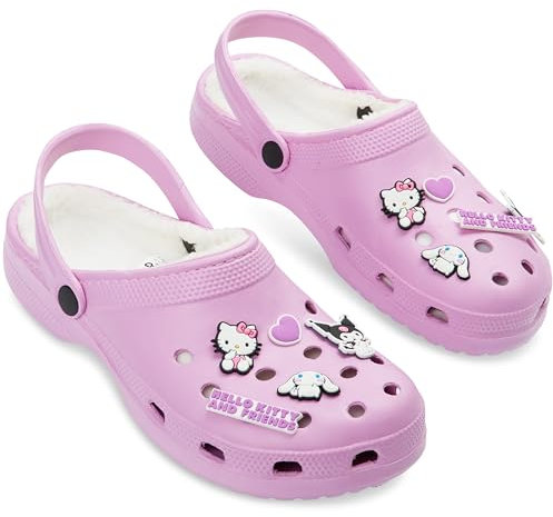 Hello Kitty Clogs Womens Teens Winter Fleece Lining & Removable Charms - Warm Slip On Garden Shoes with Strap (Pink, 4-5 UK)