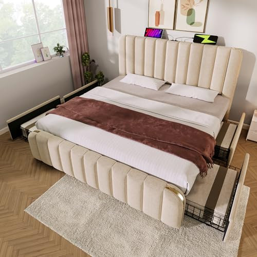 Merax Polsterbett 180 x 200 cm Doppelbett Bettrahmen mit 4 Schubladen, Gepolstertes Kopfteil mit USB Typ-C Ladefunktion, Stauraumbett mit Lattenrost, für Erwachsene & Jugendliche, Ohne Matratze, Beige