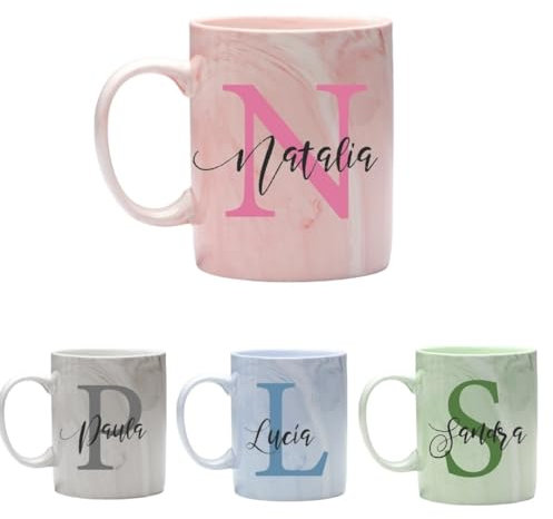 LA CASA DE LA TAZA | Taza PERSONALIZADA | Con Inicial y Nombre | 350 ml | Apta para Microondas | Taza Personalizada a Todo Color (360º) | Diseño de Mármol | Ideal para Familiares o Amigos (ROSA)
