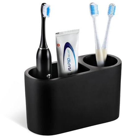 Luxspire Toothbrush Holder, 2 Slots Toothbrush and Toothpaste Holdersfor Bathrooms, Resin Toothbrush Holder Electric Toothbrush Stand for Vanity Countertop, Bathroom Accessories, Matte Black
