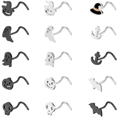 ZS 15Pcs Stainless Steel Black Corkscrew Nose Stud, 20G Halloween Corkscrew Nose Rings Studs, L-shaped Nose Rings Ghost Skull Bat Nose Piercing Jewelry for Women Men (Black+Sliver,Corkscrew)
