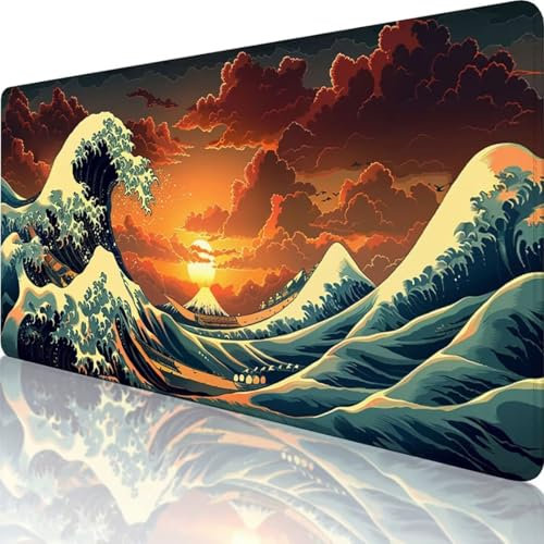 Gaming Tapis de Souris XXL 1500 x 800 Extra Grand Tapis de Souris Japon Tapis de Bureau avec Bords Cousus Vague Tapis Souris Caoutchouc Anti-dérapant pour Pc Bureau Decoration, Cadeau Femme k-s
