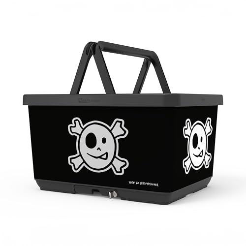 Basky Basket Fahrradkorb Abnehmbar | Jolly Rogers Black Design | Fahrradkiste für Fahrrad & E-Bike | Fahrradtasche vorne & hinten | Adapterplatte Gepäckträger Klicksystem & Schloss | Henk Schiffmacher