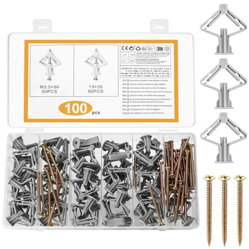 100 Pcs pour Cheville Placo Charge Lourde avec Vis Autoforeuse, Chevilles Fixations pour Plaques de Plâtre, Chevilles Pour Plaque de Plâtre, Fixations pour Cloisons Creuses Murales Cloisons
