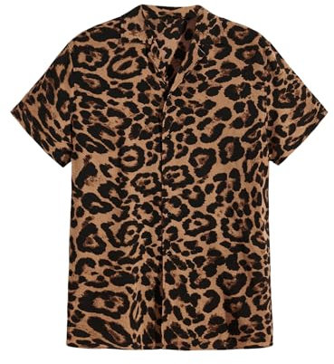 GORGLITTER Men's Leopard Print Button Front Shirts Lapel V Neck Short Sleeve Rave Shirt Khaki Large