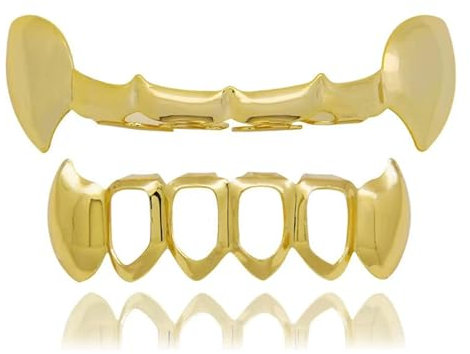 LONGHAO 2 pcs Hip Hop Teeth Grills Hip-Hop-ZähneGolden Hip Hop Grills Zahnspange Decoration Grillz Zähne Set,mit 2 Silikonformleisten,für Musikfestivalpartys,Hip-Hop-Rapper (Gold 2)