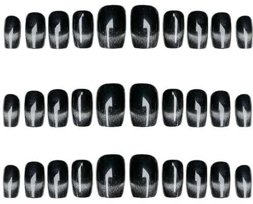 NHQZ Uñas press on,30 Uñas negras prensadas en uñas con pegamento,uñas postizas negro ombre uñas brillantes,uñas postizas de ojos de gato,flash negro, para damas
