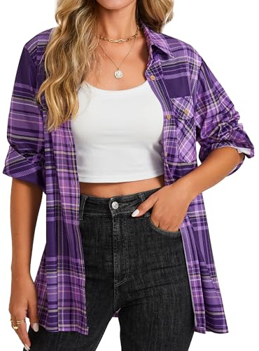 Enmain Chemise à Carreaux Femme Décontractée Manches Longues Classique Blouses Boutonnées