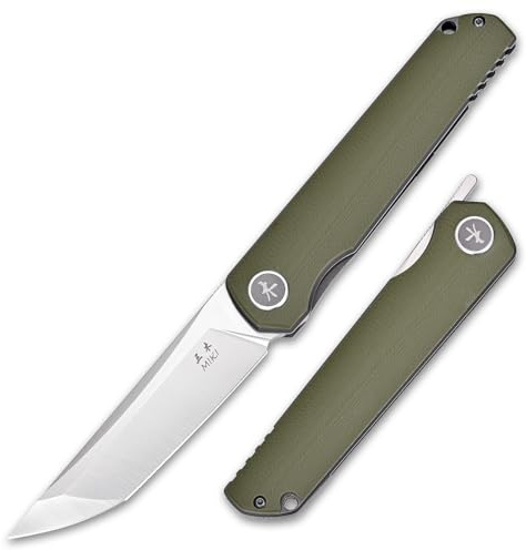 Miki Folding Knife, Sharp D2 Steel Blade, Green G10 Handle, Pocket Samurai Knives with Pocket Clip, Outdoor Knife for Camping & Survival, Gifts for Men