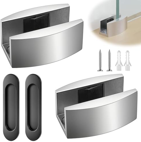 Guía de Suelo de Acero Inoxidable,con manija de puerta autoadhesiva,2pcs | Puerta Corredera de Cristal,para Puertas de Vidrio Corredizas sin Marco y Cuarto de Ducha, Pared Divisoria