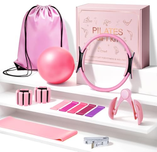 All-in-One Home Workout Kit für Frauen - Pilates Kit mit Knöchelgewichten Magic Circle 12 Zoll Widerstandsbänder Mini Pilates Ball Tragetasche - Anfänger Pilates Geschenkset für Muttertag Geburtstag