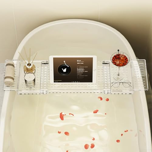 babominimer Verstellbare Badewanne für Caddy Tablett mit Wein- und Buchhalter, transparentes Acryl-Badregal für Spa-Nutzung, erweiterbares Design für Handy-Tablet-Snacks, passend für die meisten