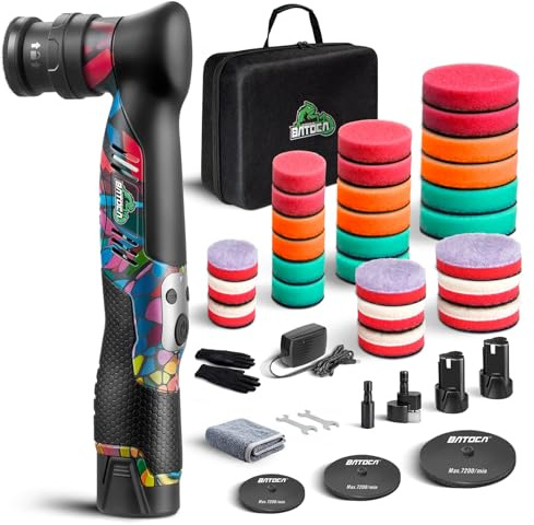 BATOCA S5 Mini Poliermaschine Auto Akku Rotations & Exzenter Polierer Klein | Autopoliermaschine Kleine mit 2 2.0Ah Batterie 25mm/50mm/75mm Polierpads Set für die Autodetailing Scheinwerfer Aufbereitung