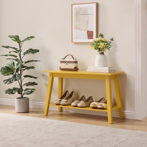 KB Designs - Contemporary Rectangle Storage Bench with Streamlined Design Polished Bottom Shelf for Books Shoes and Magazines Versatile Seating and Entryway Organization - Banana