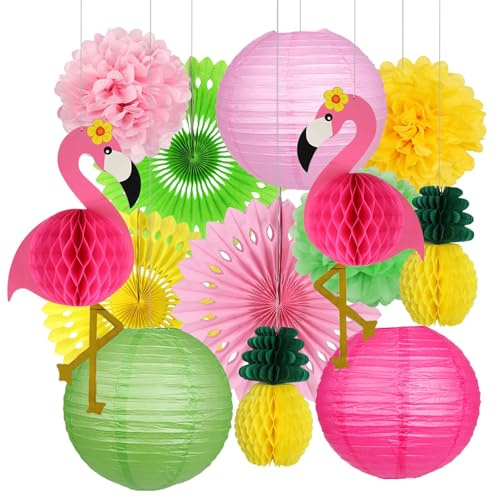 Décoration Tropicale Hawaïenne, Décoration Anniversaire Flamant Rose, Décoration de Fête Hawaïenne, avec Eventails en Papier, Flamants et Décorations Centrales en Forme d'ananas