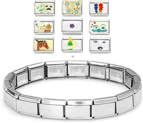 Akkki Italian Charms Armband Classic Silber italy gold Edelstahl Links glider Kult modele Blume tiere Herz Basisarmband 9mm/18 Glieder matt Farbe kompatibel mit Original strass stein Zirkonia Silber