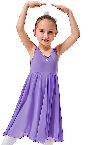 tanzmuster Ballettkleid Helena mit Breiten Trägern und langem Chiffon Röckchen. Besonderer Ballettanzug mit Glitzerstein in Lavendel, Größe:164/170