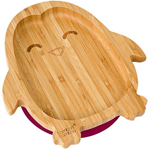 bamboo bamboo Baby Teller Kinderteller, Kindergeschirr mit Saugnapf, Bambus Babyteller mit sicherem Saugnapf, Sugnapf Teller Baby ab 6 Monaten (Pinguin, Kirsche)