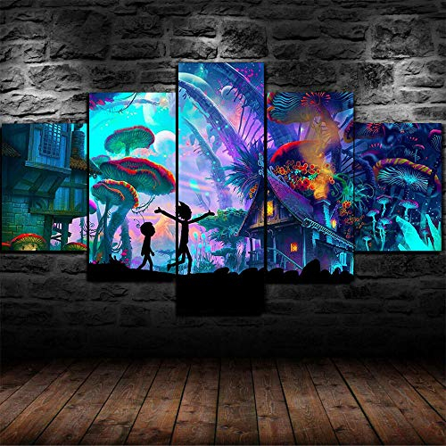 Yywife Moderne Wandbilder XXL Wohnzimmer Wohnkultur 5 teilige leinwandbilder XXL Kreatives Geschenk wanddeko Rick und Morty Mushroom Psychedelic Malerei