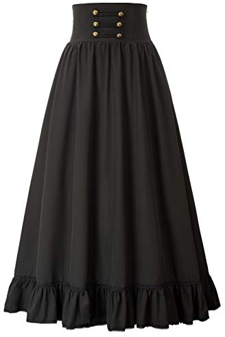 Gothic Steampunk Cosplay Rock Viktorianisch Lang A-Linie Rock Festlich Karneval Kostüm Schwarz M