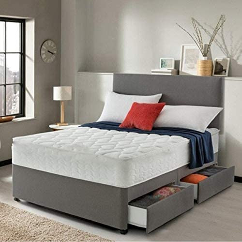 GHOST BEDS Lavish Grey Suede Divan Bed Set with Quilted 10 Inch Memory Collection Mattress and 20 Inch Headboard (Small Double 4FT, 2 Drawers)