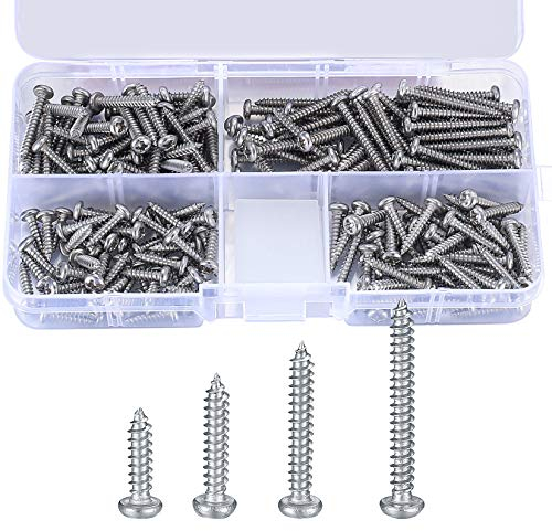 Zhujiehigh 200 Pcs M3 Stainless Steel Self Tapping Screws Assortment, Cross Pan Flat Head Wood Screw Set, Countersunk Woodworking Fastener Cross Groove Screws - M3x12 mm/16 mm/20 mm/25 mm