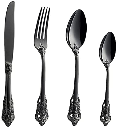 WuLun Edelstahl Besteck-Set Barock 4-teilig mit Messer Gabel Löffel Kaffeelöffel, Antik Königliche Stil, Spülmaschinenfest…