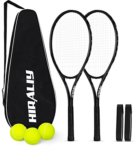 HIRALIY 27 Tennis Rackets Set for Adults,2 Player Pre-Strung Tennis Racquets,2 Overgrip Tapes,3 Balls, and 1 Carrying Bag,Outdoor Recreational Sport for Beginner,Men,Women(Black)