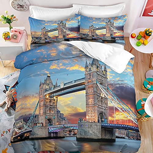 WQIZXCW Bettwäsche 135x200 Tower Bridge Microfaser Bettwäsche-Sets 2 Teilig - 1 Bettbezug mit Reißverschluss + 1 Kissenbezüge 80x80 cm