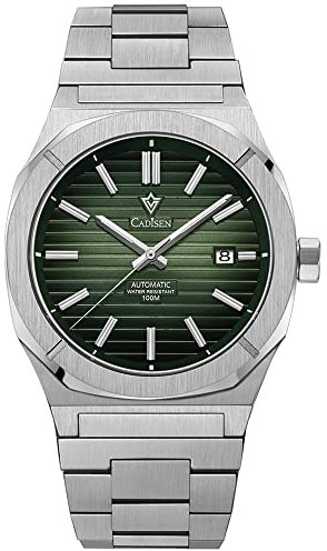 CADISEN Mechanische Herrenuhr, Taucheruhr, Vintage, luxuriös, Saphir, deutsches Herren-Automatik-Edelstahlband, 100 m wasserdicht, mechanische Uhr, grün, Taucheruhr, mechanisch
