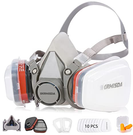 Wiederverwendbare Atemschutzmasken, SKRMISDA Wiederverwendbare Halbgesichts-Atemschutzmaske mit 10 aktiven Baumwoll-Atemschutzfiltern gegen Lackieren, Staub, Polieren, Sprühen von Schutzarbeiten