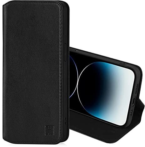32nd Classic Series 2.0 - Real Leather Book Wallet Flip Case Cover For Apple iPhone 14 Pro (6.1), Real Leather Design With Card Slot, Magnetic Closure and Built In Stand - Black