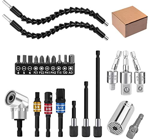 24pcs Flexible Drill Bit Extension Set, 105°Right Angle Drill Attachmen, Rotatable Joint Socket 1/4 3/8 1/2 Inch Hex Socket Adapter Socket Bendable Drill Bit Extension Screwdriver with a Box (Black)