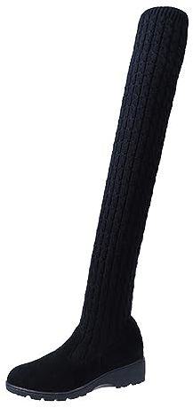 Battnot Damen Overknees Stiefel Winterstiefel Schwarz Strick Langschaft Blockabsatz Elastisch Stiefeletten 39 EU