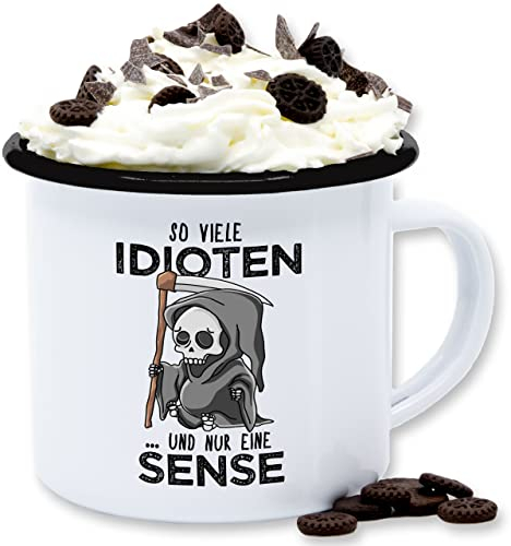 Emaille Tasse Blechtasse - Statement Sprüche - So viele Idioten und nur eine Sense - Schwarz - 300 ml - Weiß Schwarz - böse tassen mit spruch sarkasmus sensenmann kaffeetasse freche spruechen