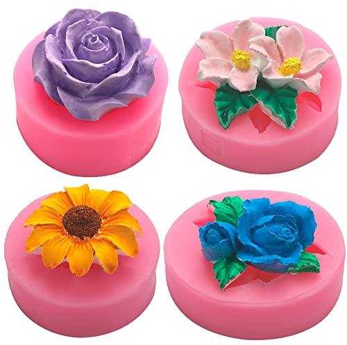 YGCHEN Silikonform Blume Silikon Formen Fondant Rose Silikonformen 3D Sonnenblume Silikon Form Fondant Blumenform Gießform Silikon Kuchenform Eiswürfelform Schokoladenformen (4 Stück)