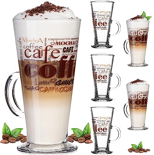 PLATINUX Kaffeegläser mit Motiv max. 280ml Set 6-Teilig aus Glas Latte Macchiato Gläser mit Griff Cappuccino Gläser