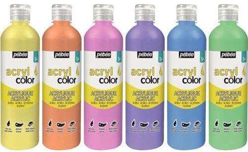 Carton de 6 flacons de 500 ml de peinture acrylique PEBEO ACRYLCOLOR couleurs pastel assorties