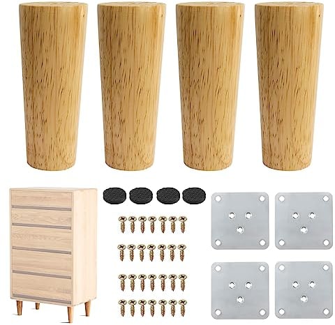 4 Stück Holz Möbelfüße Tischbeine 12cm Holzfüße Möbelbeine Massivholz Konisch Möbelfüße Ersatz Schrankfüße Sofafüße Holzbeine mit Montageplatte Gummipads für Möbel Sofa Bett Schrank Couch TV Schrank