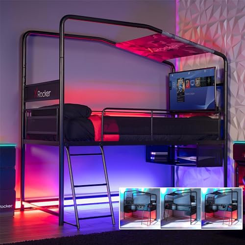 X-Rocker Contra Mid Sleeper Bed, TV Gaming Bed with Storage, 4-Way Build Black Metal Bed Frame with Multi-Placement Ladder. 32 TV Mount for Boys and for Girls with 90x190cm Mattress Included - BLACK