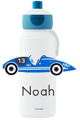Mepal Personalisierte Trinkflasche mit Namen - Wasserflasche für Kinder Pop-up Campus - Rennwagen - Auslaufsichere Flasche für Schule - BPA-frei & Spülmaschinenfest - 400 ml - Blauer Rennwagen