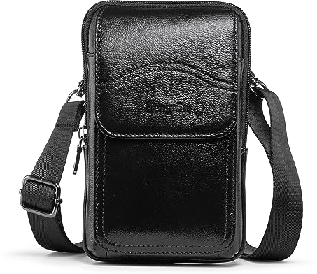 Hengwin Bolsa de Hombro de Cuero Genuino para Hombres, Funda de Cinturón para Teléfono Móvil, Correas de Bolso Pequeño de Viaje Smartphone Crossbody, Bolsa de Mensajero de Bolsillo