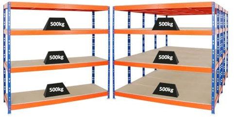 PROREGAL Mega Deal | 5X Profi Schwerlastregal Rhino | HxBxT 180x200x60cm | 4 Spanplatten-Ebenen 8mm | Fachlast 500kg | Blau-Orange | Garagenregal Lagerregal Steckregal Weitspannregal