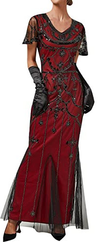 20er Jahre Pailletten Fransen Kleid V-Ausschnitt Pailletten Kleid Damen Flapper Abendkleid Lang Perlen Gatsby Kleid Elegant Vintage Ideal für Cocktail, Karneval, rot, XXL