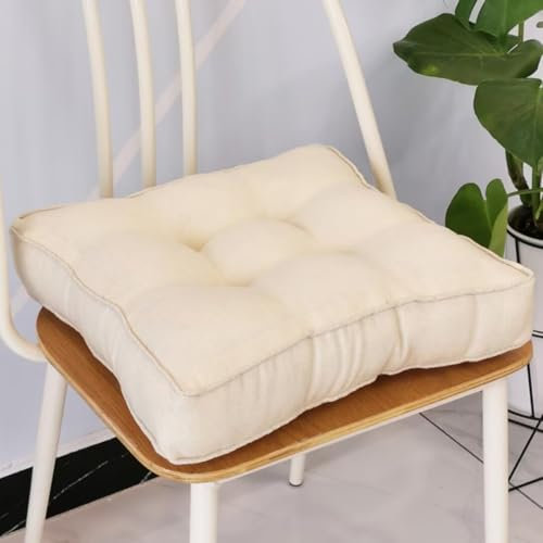 Sitzkissen Stuhlkissen 50x50x9cm für Indoor und Outdoor aus Baumwolle Dicke Polsterung Steppkissen/Bodenkissen, Stuhl Sitzpolster Passt für Haus, Garten, Büro und Autositze,Beige