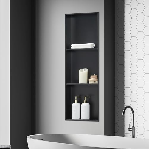 [neu.haus] Nicho de Ducha de 3 Niveles Estante de Baño Empotrado Estantería de ParedHornacinas para Baño Vertical/Horizontal Resitente al Agua Acero Inoxidable 92x32x10cm - Negro Mate