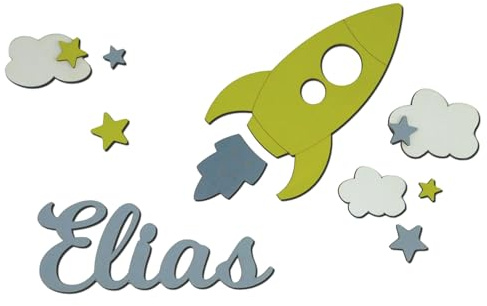 Personalisierter Name aus 4mm Sperrholz mit Rakete – Wanddeko Kinderzimmer | Türschild Jungen | Geschenk zur Geburt Taufe oder Geburtstag | Holzdeko inkl. Wolken & Sterne