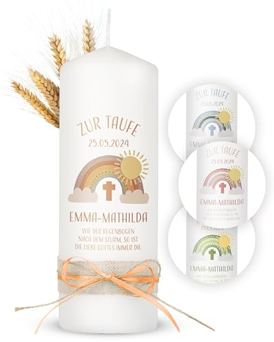 AMARI ® Taufkerze personalisiert Boho Regenbogen (002.10.03) H:20cm/⌀:7cm - Taufkerze Mädchen/Junge - Kerze selber gestalten Taufe - Taufkerze selber machen - Taufkerze mit Namen