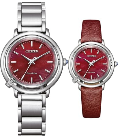 Citizen Damenuhr Edelstahl, Rot, 31.2 mm, EM1090-78X | Analog Quartz, Saphirglas, 5 bar Wasserdicht, 180 Tage Gangreserve, Edelstahlband